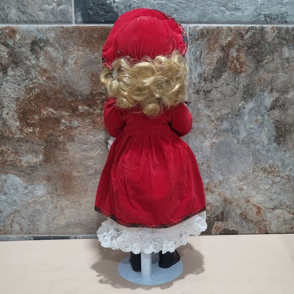 Vintage Porcelain Doll Velvet Red Dress White Lace Muff Hand Warmer - Picture 2 of 14